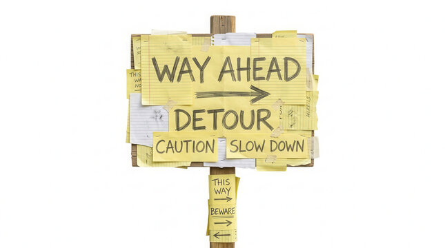 Detour Sign With Handwritten Notes Warning Drivers Of Road Obstructions