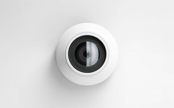 Top-down view of a white camera lens with circular housing on a plain background