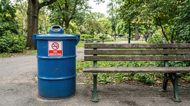 Blue Park Trash Bin And Empty Wooden Bench With No Smoking Sign