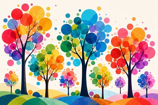 Colorful abstract trees with circular shapes in a vibrant landscape  