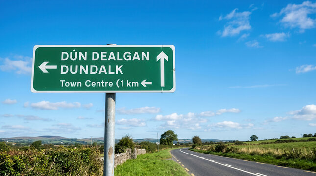 Green Directional Sign To Dundalk Town Centre Under Blue Sky