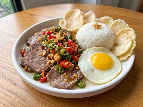 Braised beef tongue slices garnished with spicy chili and crispy garlic, paired with steamed rice, a fried egg, and crackers.