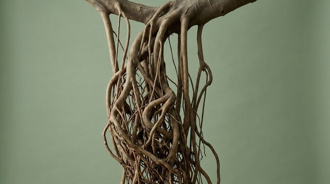 Structural analysis of descending aerial roots from a banyan tree creating a complex organic network against a muted backdrop