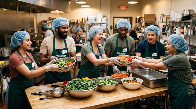 Diverse team of happy volunteers wearing sanitary hair nets and aprons work together in a communal kitchen preparing fresh healthy meals for local individuals in need during a busy afternoon
