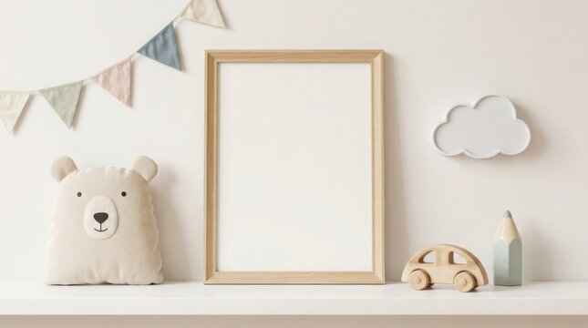 Vertical empty photo frame mockup in nursery room with toys