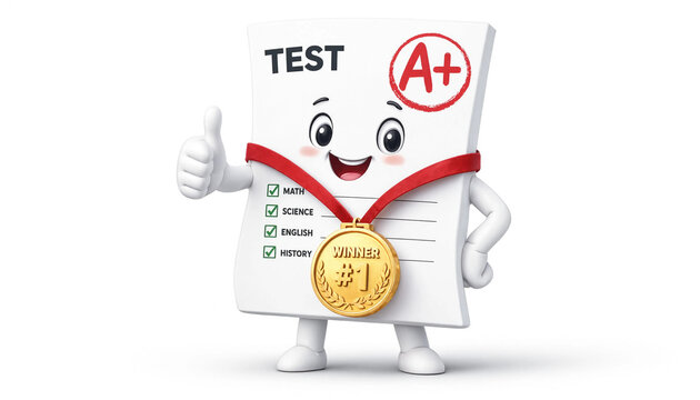 Cute cartoon test paper character with A plus grade mark and gold medal