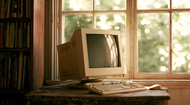 A vintage desktop computer from the 1990s, featuring a beige CRT monitor, keyboard, and mouse, stands on a rustic wooden desk near a window with soft, gentle light. Dust motes and a bookshelf add to t