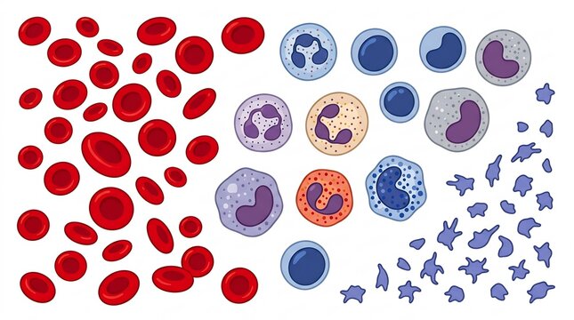 Various Human Blood Cell Types Including Erythrocytes, Leukocytes, and Platelets on a Clean White Background &ndash; Medical Illustration