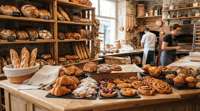 Bakery display showcases an assortment of fresh pastries and bread on wooden shelves.