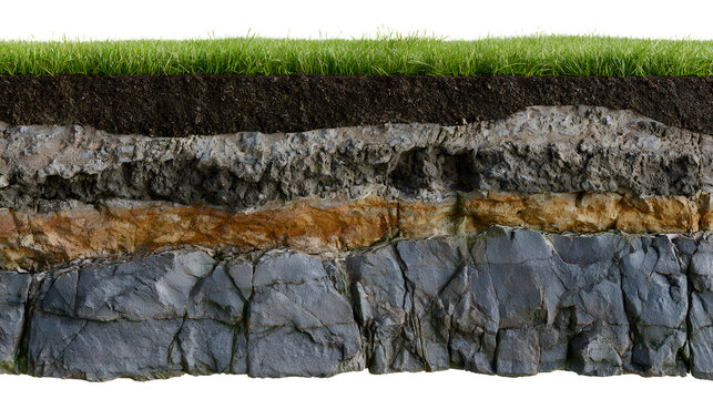 A geological cross section, showing layers of fertile soil, rocky strata, and bedrock beneath a green grass cover.