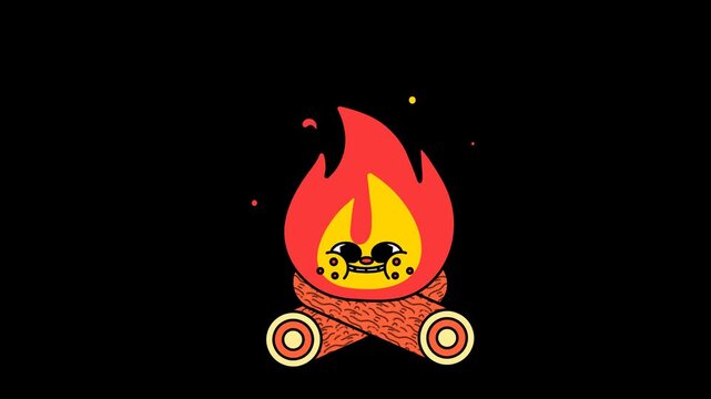 funny cartoon character with red flames and yellow face fire burning between logs on transparent background for game design and icons