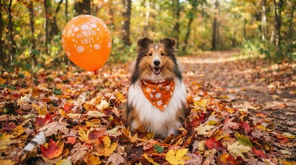 Obraz premium Shetland sheepdog with orange balloon in autumn forest path covered in fallen leaves