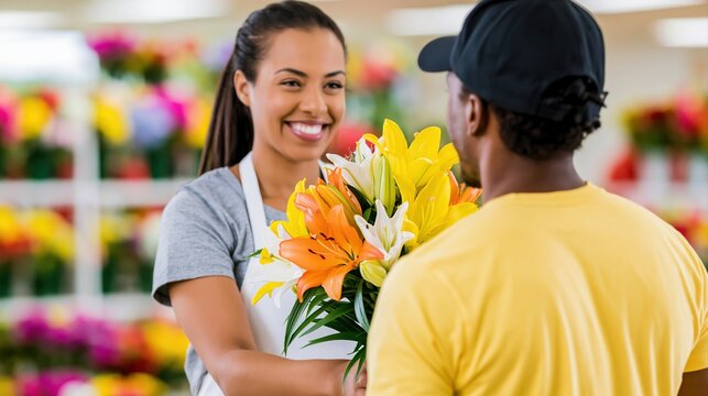 Smiling florist handing colorful bouquet to customer in shop