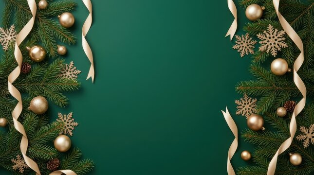 Christmas background with fir branches and golden ornaments