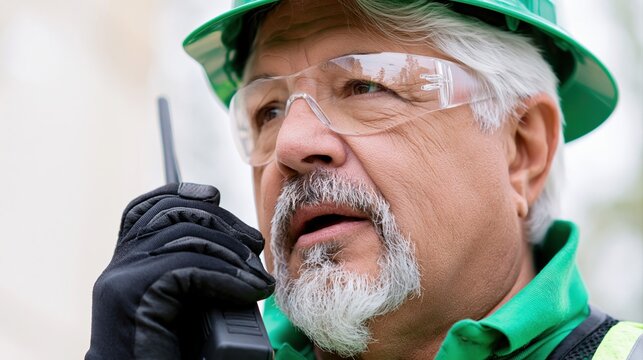 Senior worker speaking on walkie talkie