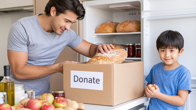 Father and son packing food donation box in kitchen