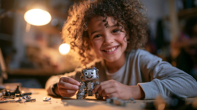 Smiling Child with Small Toy Robot at Desk