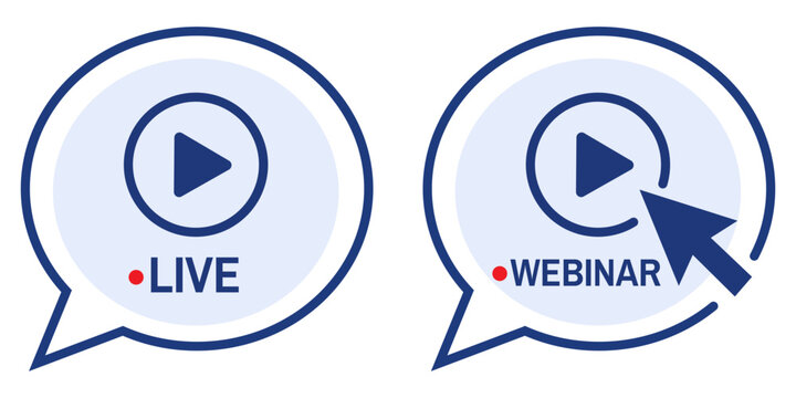 Live and webinar video streaming icons with play buttons and cursor pointer in speech bubble shapes for online digital marketing Vector