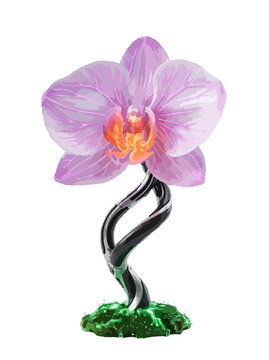 3D robotic orchid flower isolated on white background, futuristic mechanical blossom with glowing core, cybernetic floral vector illustration