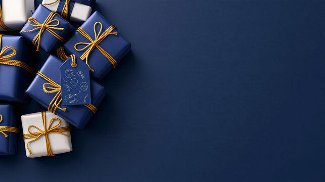 Gift Boxes with Golden Ribbons on Dark Blue Background