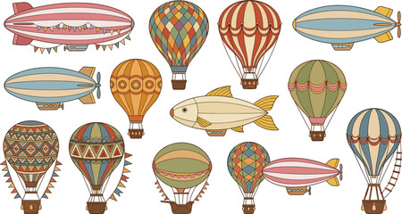 Vintage collection of whimsical hot air balloons . Retro flying blimps, striped zeppelins, colorful patterned baskets, decorative flags © Munna