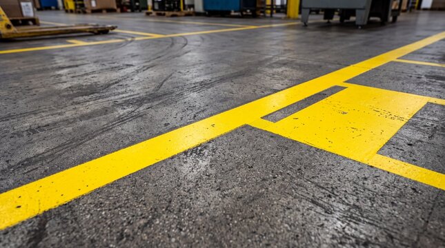 Yellow Safety Line Markings on Industrial Warehouse Floor