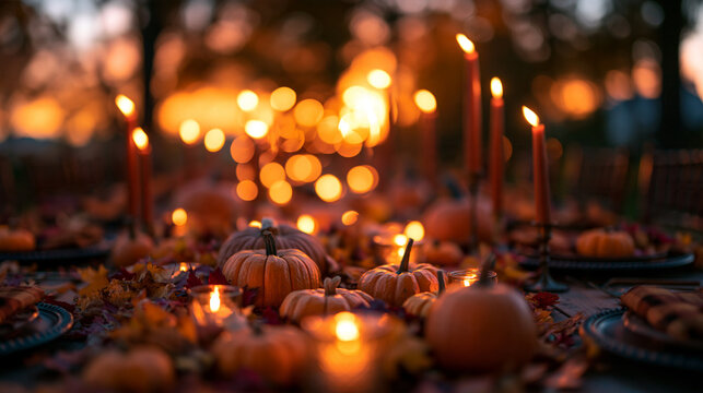 Thanksgiving Table Setting with Pumpkins and Burning Candles Outdoors