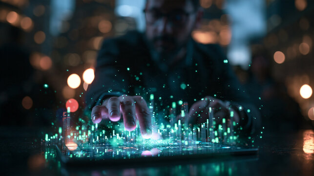 Businessman Interacting with Futuristic Holographic Smart City on Tablet