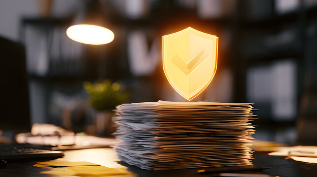 A yellow security shield with a checkmark above office documents on a desk, indicating compliance and privacy concerns.
