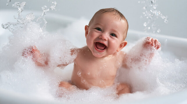 Cheerful Baby Laughing in Foam Bubble Bath