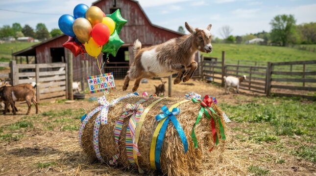 Goat jumping over decorated hay bale with balloons and barn in background