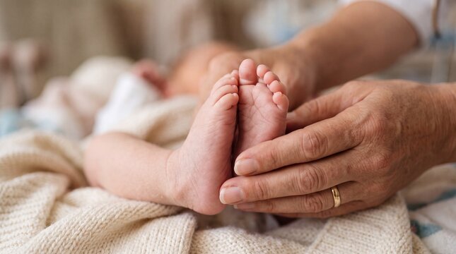Newborn Baby Feet Tenderly Held by Parent Hands