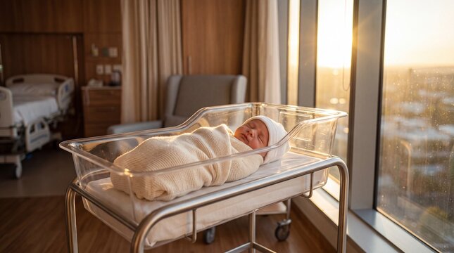 Newborn Baby Sleeping in Hospital Bassinet by Window