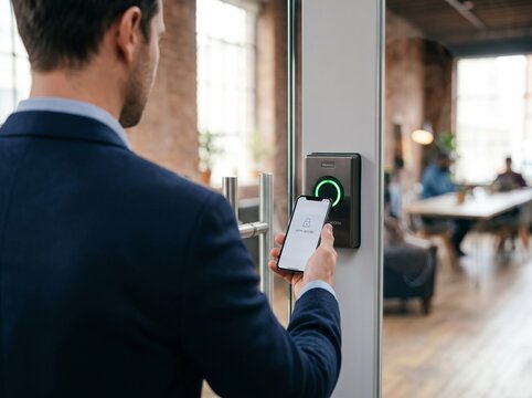 Businessman in suit holding smartphone to secure digital door access reader at modern office building entrance showing authorized identity verification process on mobile device display.