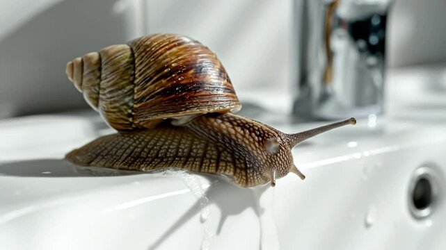Close up of a slow snail crawling on a bright white bathroom sink with dripping water