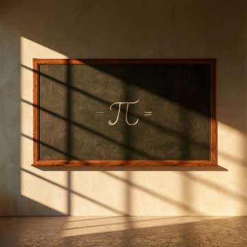 A chalkboard features the mathematical constant pi as 3.14159. The setting is a warm classroom with light creating shadows.