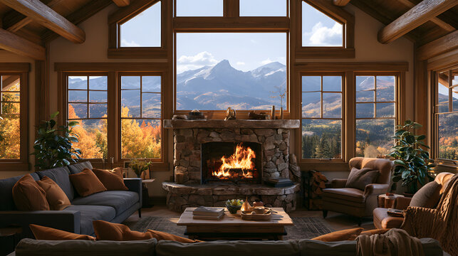 Cozy living room cabin with a cozy fireplace and a breathtaking autumn mountain view, perfect for a virtual meeting background, ideal for MS Teams or Zoom meetings, and a digital backdrop for online g