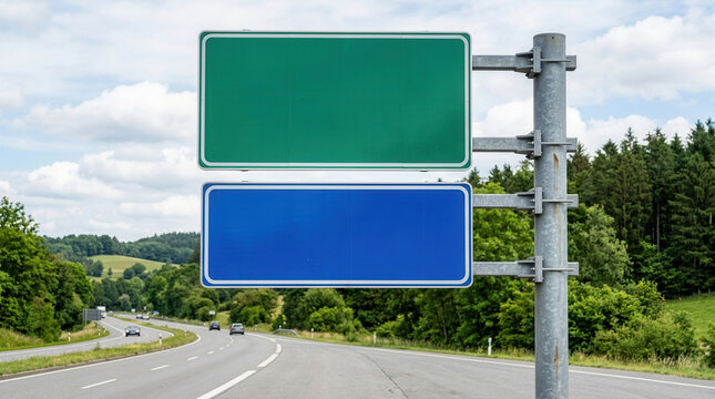 Blank Road Signs On A Highway With Rolling Hills And Forest Background