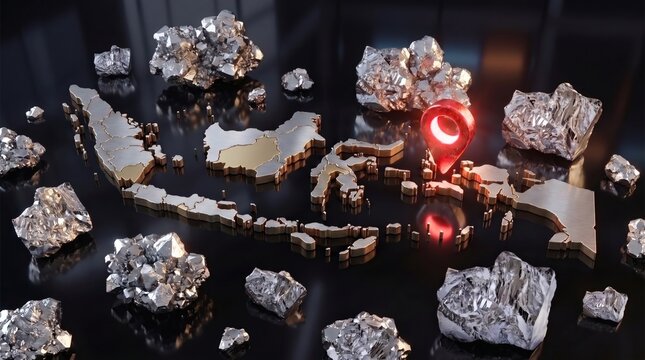 Metallic map of Indonesia surrounded by raw metal ore rocks with a glowing red location pin for mining industry and natural resource concepts