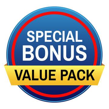Special bonus value pack blue circle badge label with red border and yellow ribbon isolated on a white background Vector