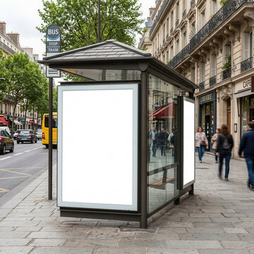 Urban Street Bus Stop Shelter With Blank Advertising Panels