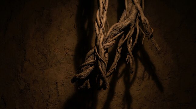 Dramatic interplay of light and shadow on twisted ancient tree roots clinging to a dark textured earthen wall surface