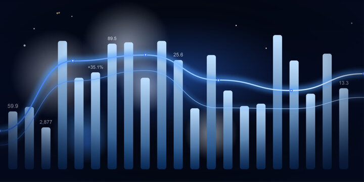 A dynamic 3D bar chart illuminated with a glowing blue line graph represents growth and analysis. The abstract visual conveys data trends and financial insights against a dark, speckled background.