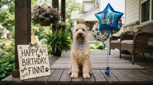 Happy fourth birthday celebration for dog Finn with balloons and sign on porch