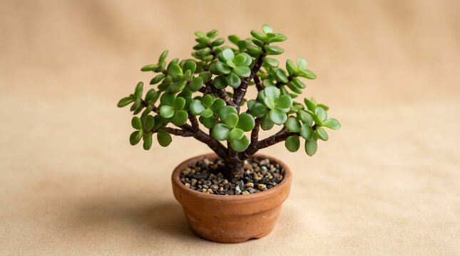 Small Potted Jade Succulent Plant in a Terracotta Pot with Pebbles on Tan Background