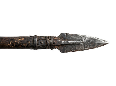 Ancient weathered flint spearhead with wooden shaft isolated on transparent background