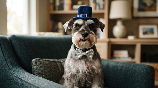 Schnauzer dog wearing blue top hat and silver bow tie on green sofa