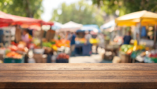 Empty wooden table top in front of blurred outdoor market background for product display