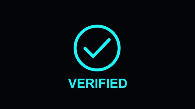 Animated verified checkmark with glowing cyan neon effect on black background, for digital security, and user interface