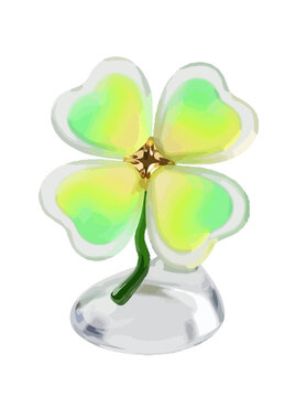 3D glassmorphism four-leaf clover isolated on white background, lucky frosted glass vector icon, vibrant green 3D luck symbol asset